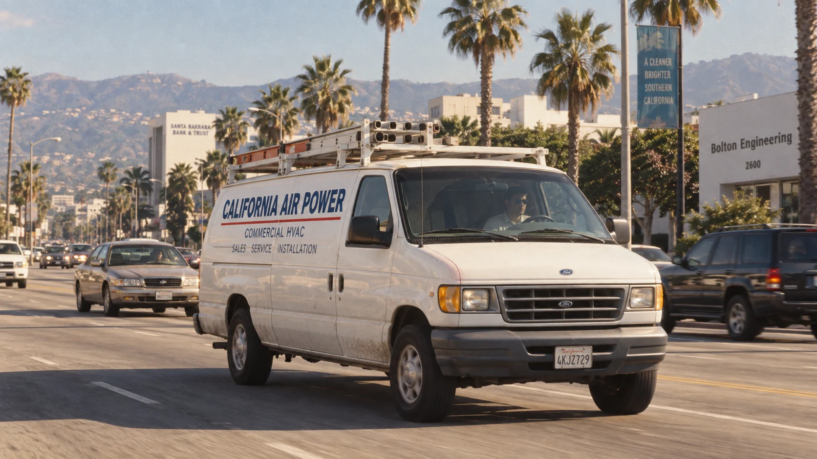 Retro recreation 1: an old California Air Power branded service van on a Southern California road