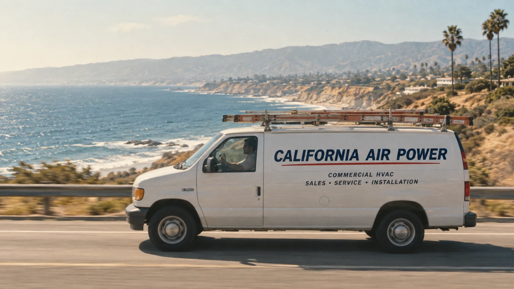 Retro recreation 2: an old California Air Power branded service van on a Southern California road