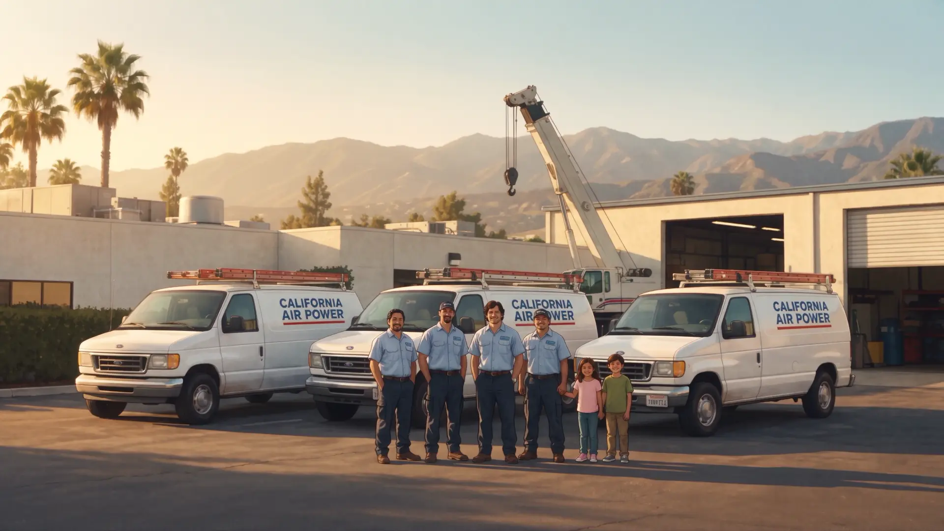 Illustrative 2001 scene: the family, early technicians, white service vans and a crane