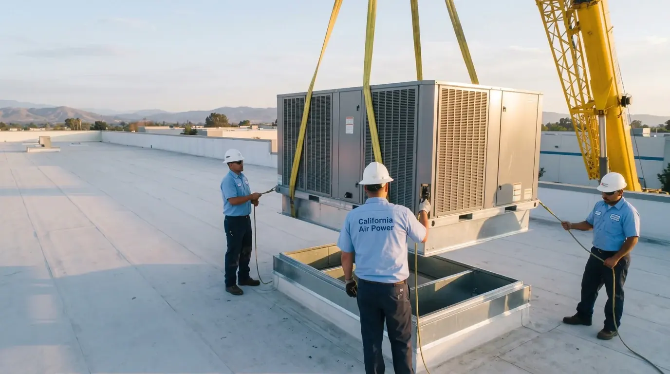 California Air Power technicians guiding a rooftop HVAC installation