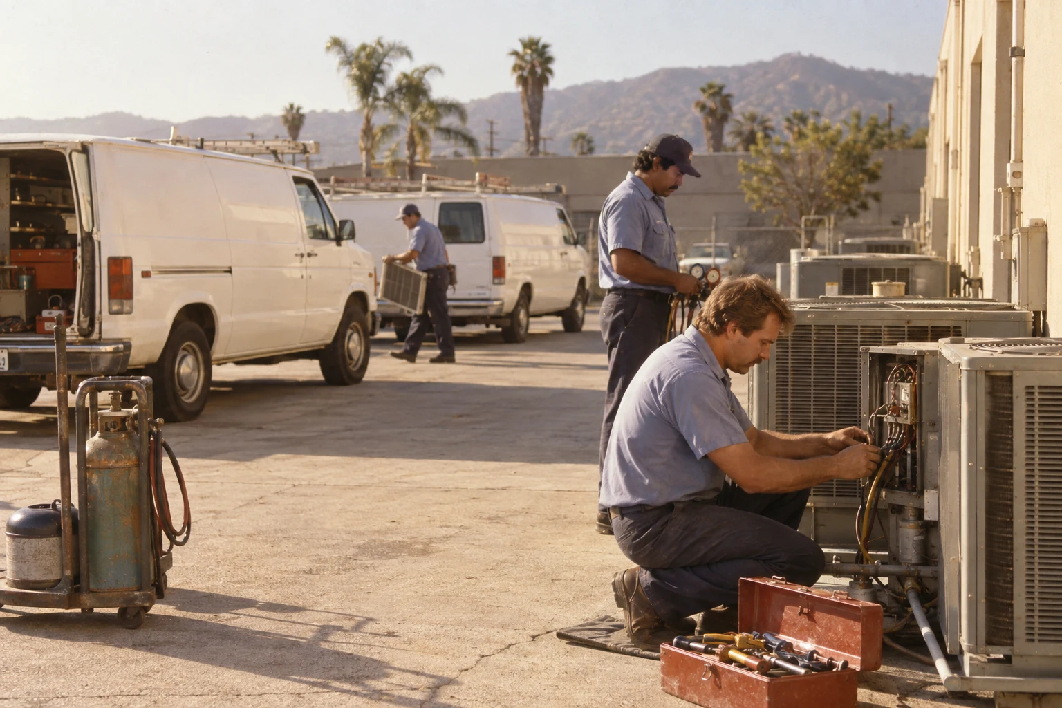 Illustrative retro scene: The work, day after day.